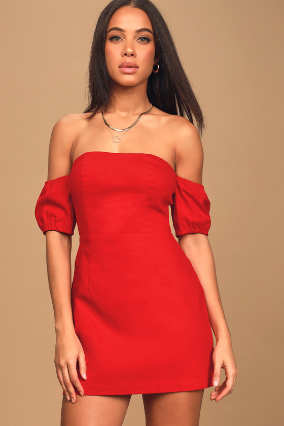 Cute Red Dress - Off-the-Shoulder Dress ...